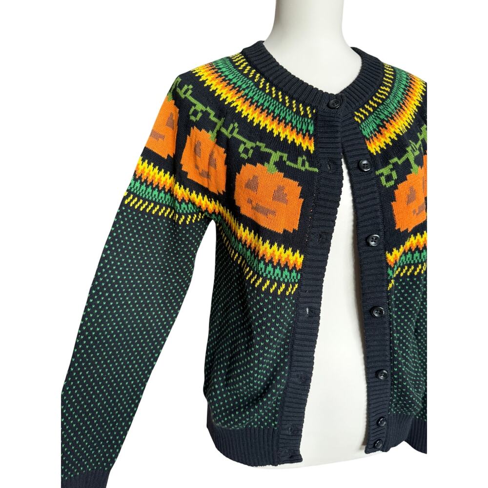 ModCloth Pumpkin Fair Isle Halloween Sweater Cardigan Pumpkin Sweater Medium - Picture 12 of 16